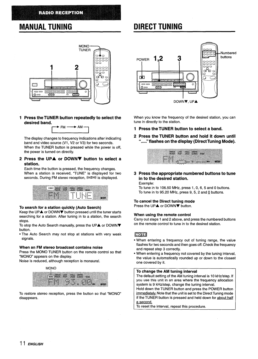 Aiwa AV-D25 manual Manual Tuning, Direct Tuning, Press the UPA or Downy button to select a station 