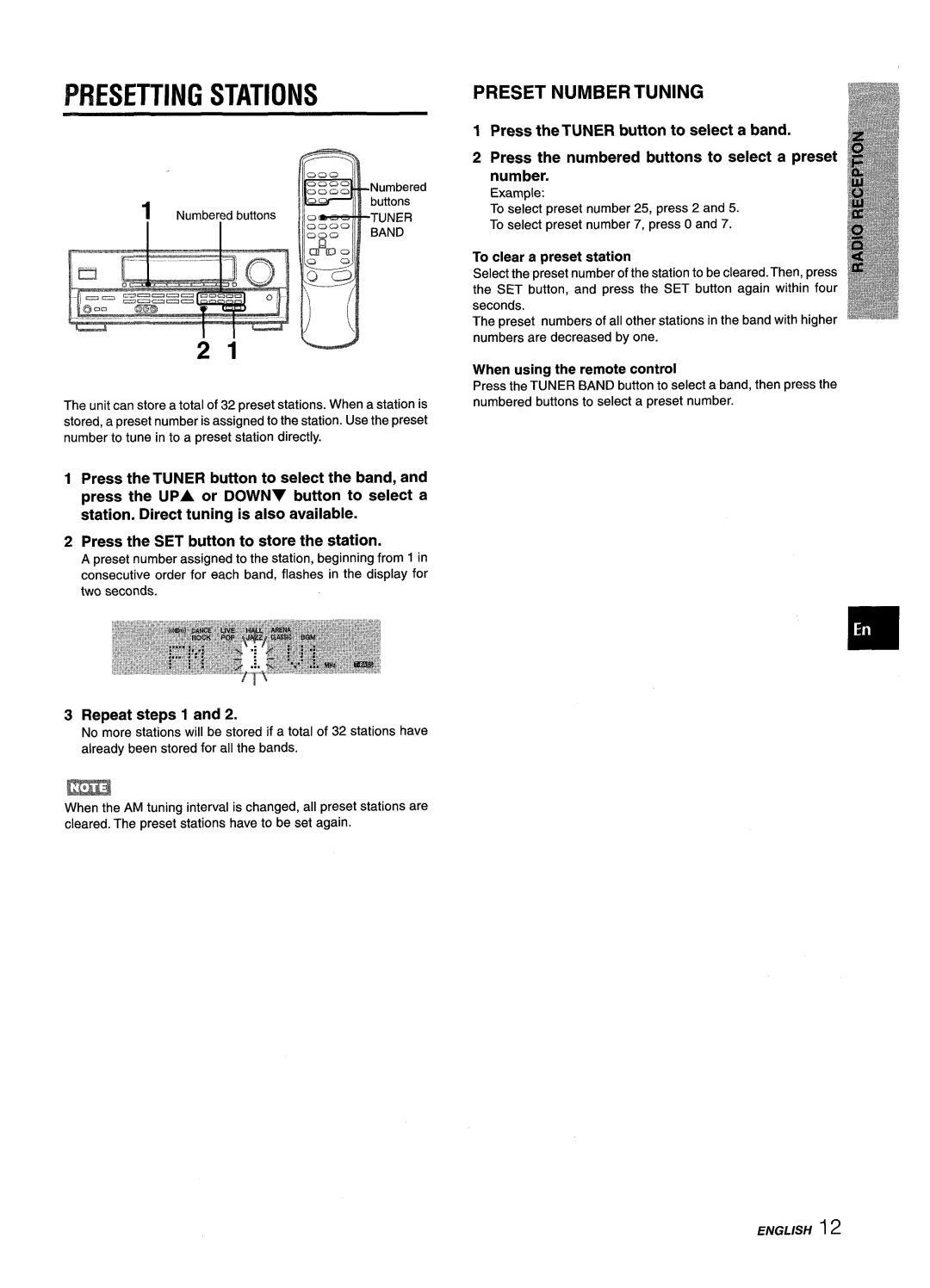 Aiwa AV-D25 manual Presetting Stations, Preset Numbertuning, Repeat steps 1, Tuner Band, To clear a preset station 