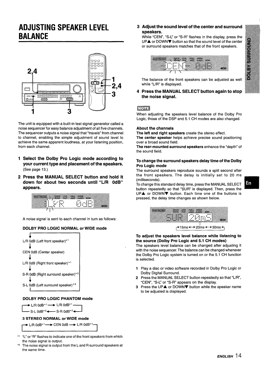 Aiwa AV-D25 manual Adjusting Speaker Level Balance, Adjust the sound level of the center and surround speakers 