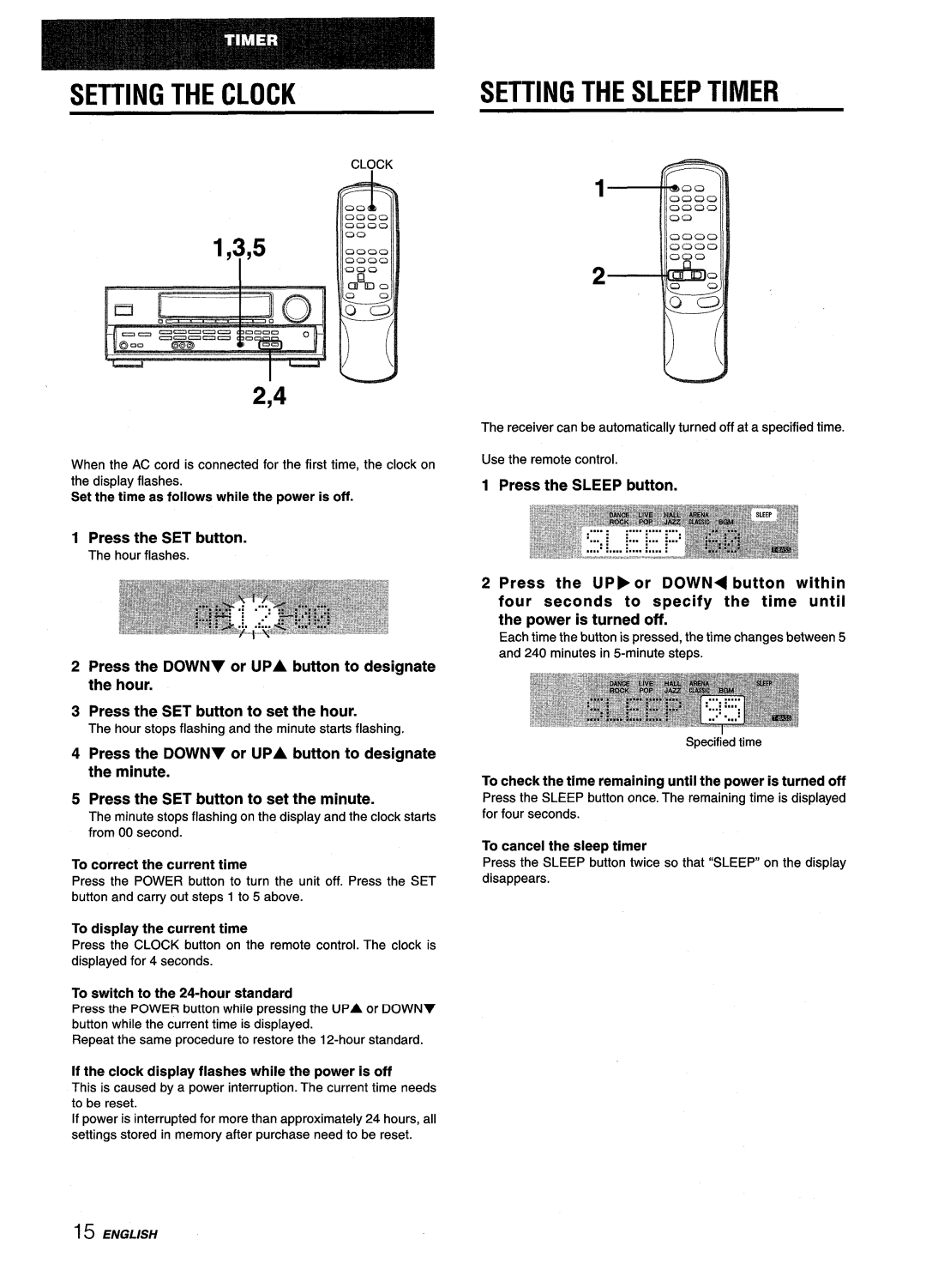 Aiwa AV-D25 manual Setting the Clock, Setting the Sleep Timer, Press the SET button 