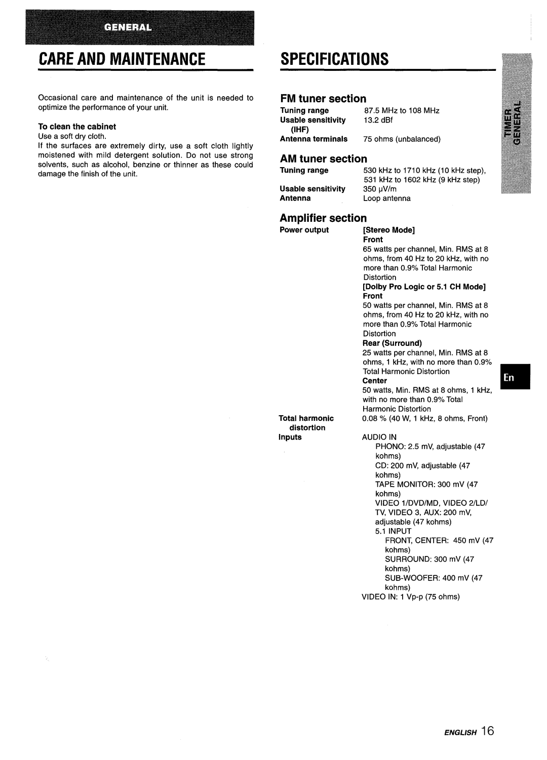 Aiwa AV-D25 manual Care and Maintenance, FM tuner section, AM tuner section, Amplifier section 