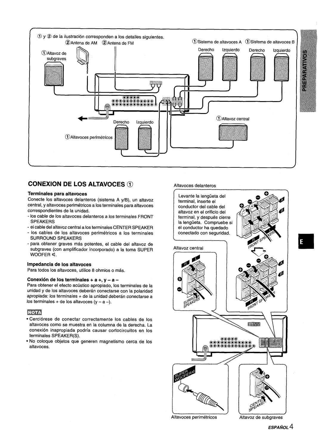 Aiwa AV-D25 manual Conexion DE LOS Altavoces @, Terminals para altavoces, Surround Speakers, Impedancia de Ios altavoces 