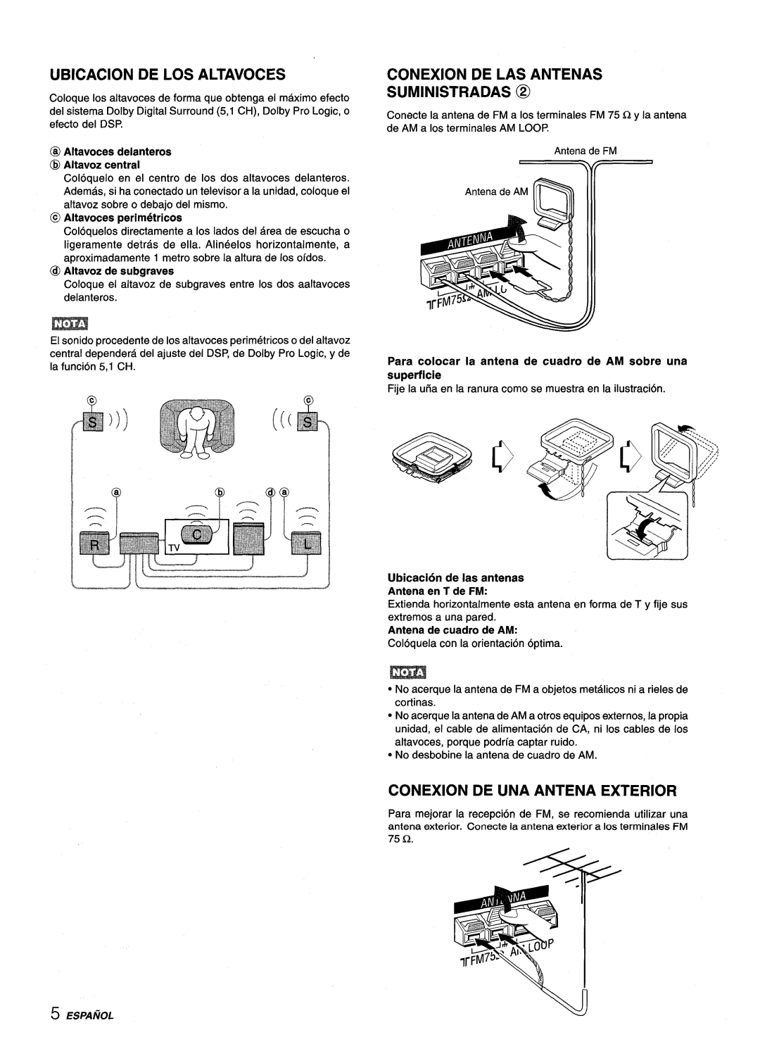 Aiwa AV-D25 manual Ubicacion DE LOS Altavoces, Conexion DE LAS Antenas, Conexion DE UNA Antena Exterior, Superficie 