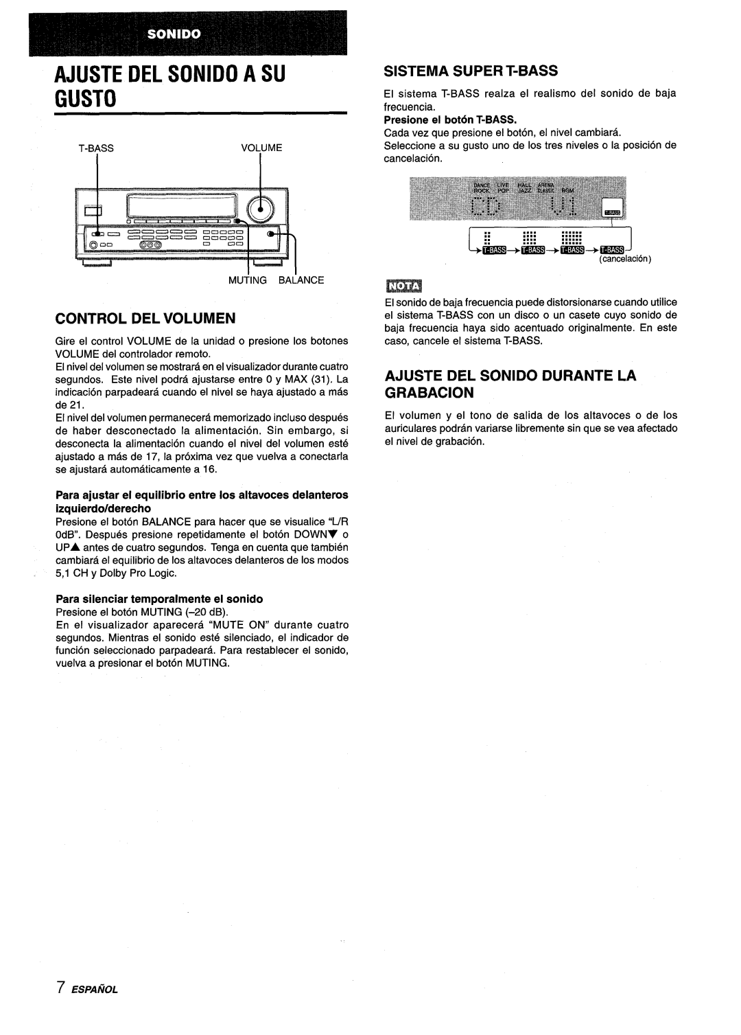 Aiwa AV-D25 manual Ajuste DEL Sonido a SU Gusto, Sistema Super T-BASS, Control DEL Volumen 