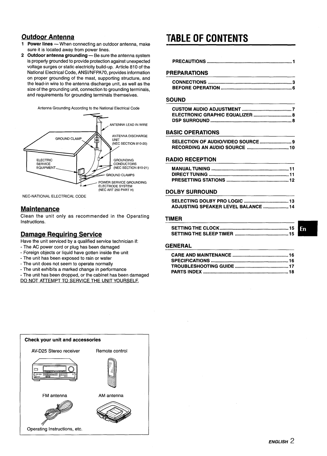 Aiwa AV-D25 manual Table of Contents 