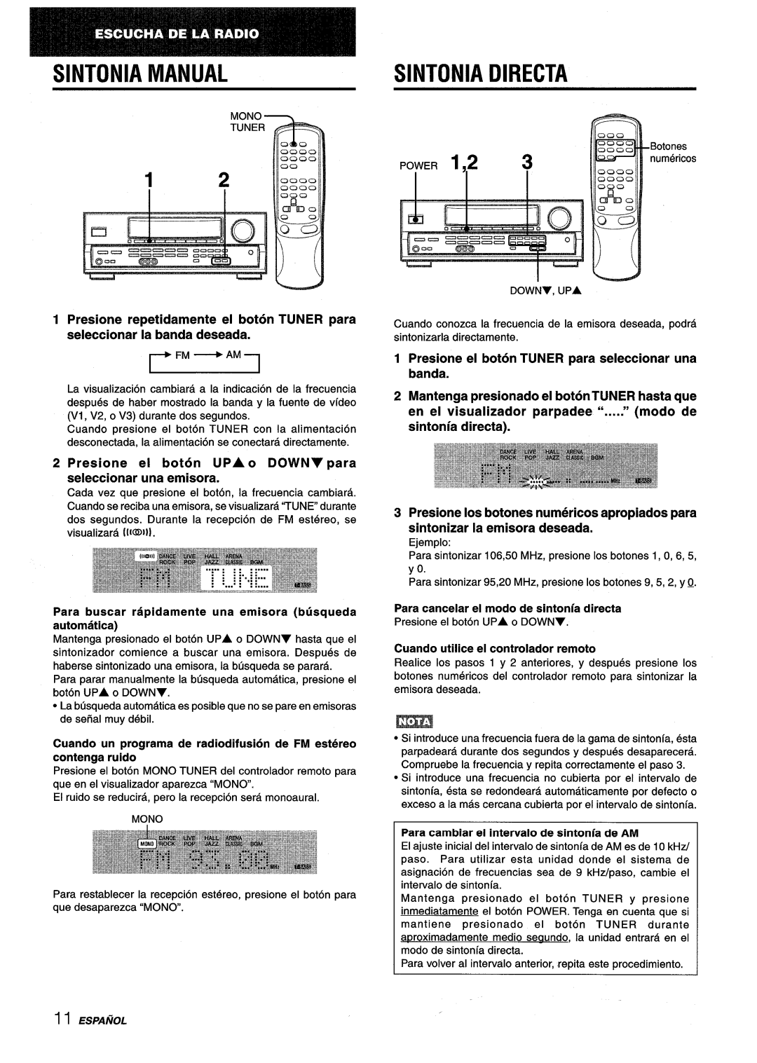 Aiwa AV-D25 manual Sintonia Manual, Sintonia Directa, Presione el boton UPA o Downv para seleccionar una emisora 