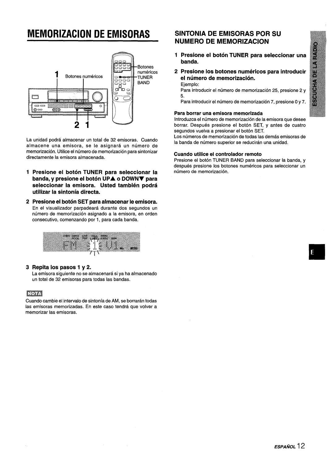 Aiwa AV-D25 manual Memorization DE Emisoras, Sintonia DE Emisoras POR SU Numero DE Memorization, Repita Ios pasos 1 y 