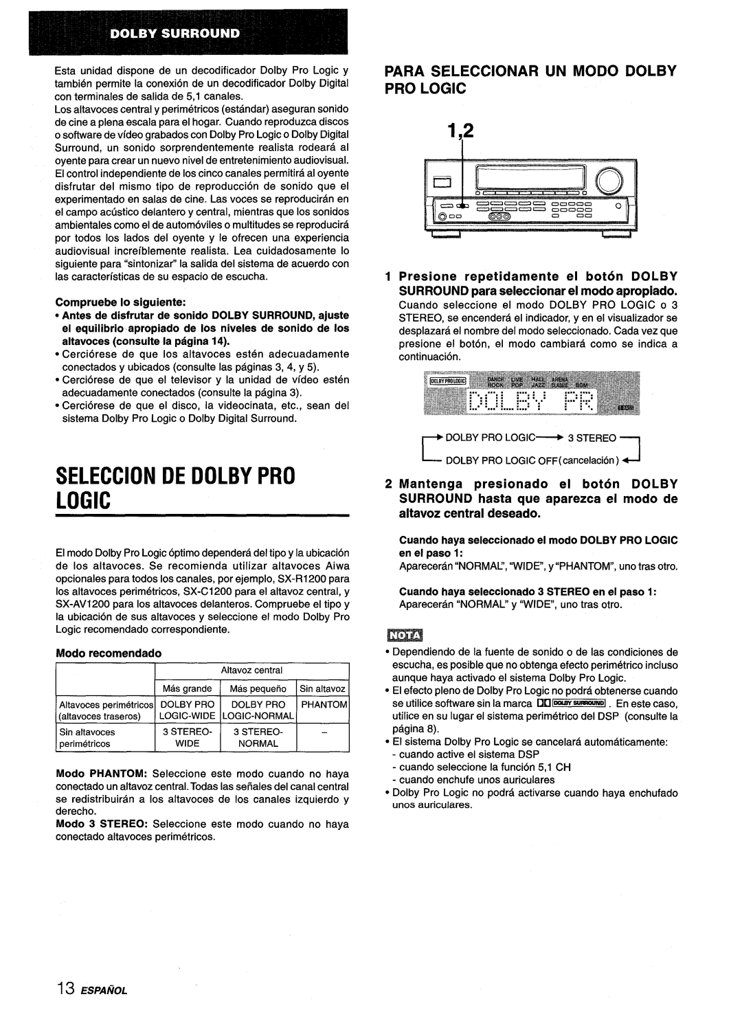 Aiwa AV-D25 manual Seleccion DE Dolby PRO Logic, Para Seleccionar UN Modo Dolby PRO Logic, Modo recomendado 