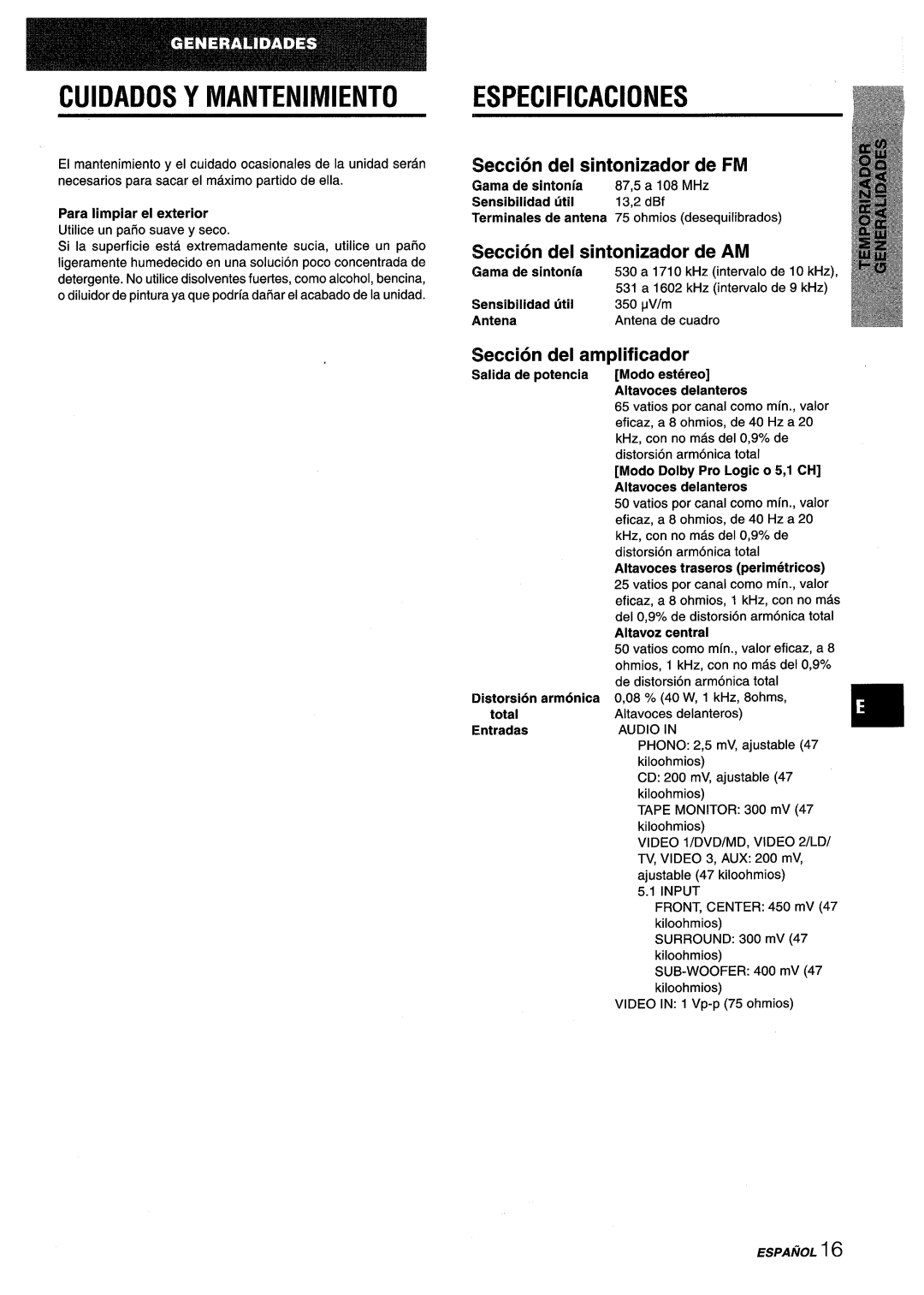 Aiwa AV-D25 Cuidados Y Mantenimiento, Especificaciones, Seccion del sintonizador de FM, Seccion del sintonizador de AM 