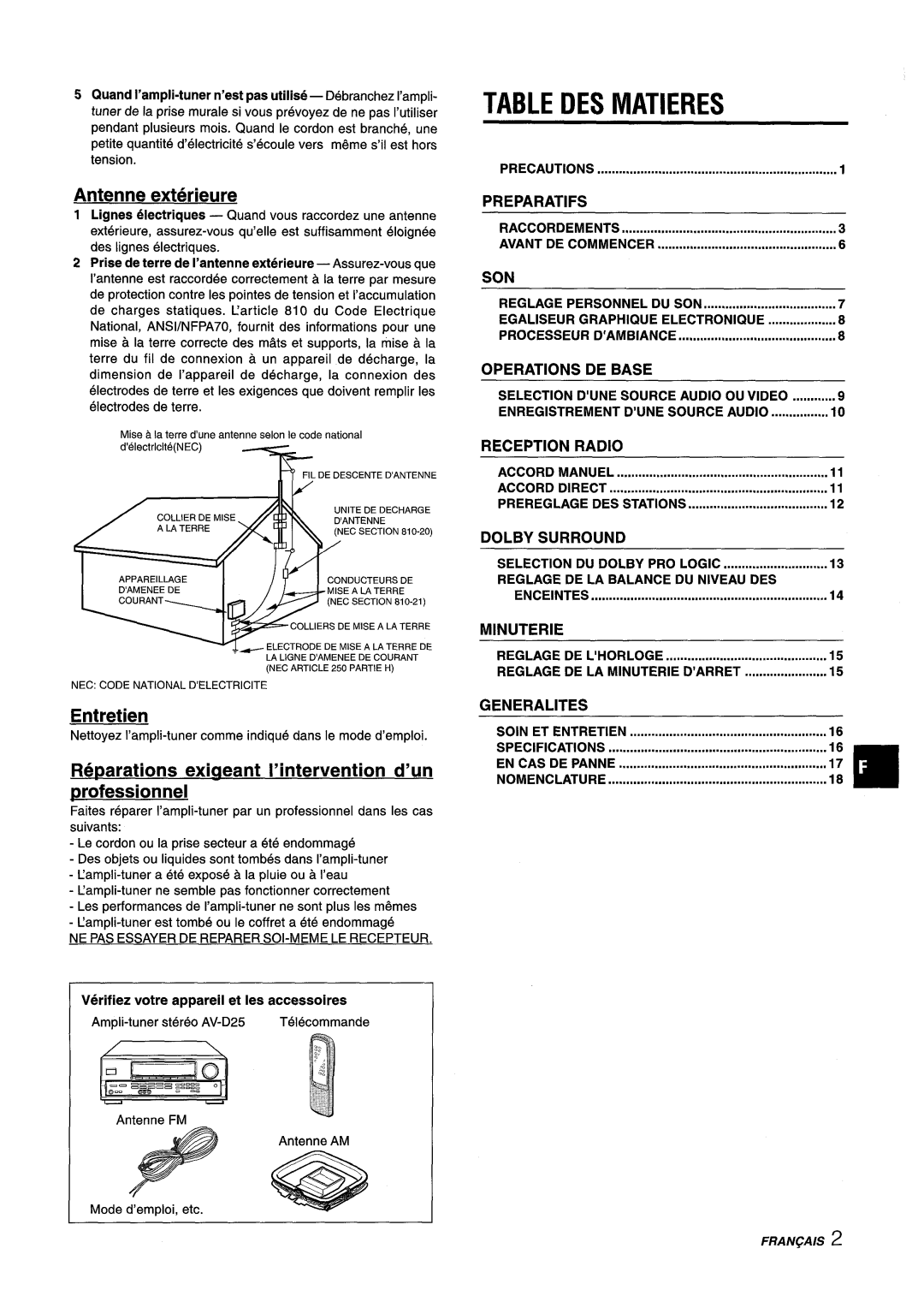 Aiwa AV-D25 Matieres, Antenne exterieure, Entretien, Reparations exiueant I’intervention d’un professionnel, RAccoRDEMENTs 