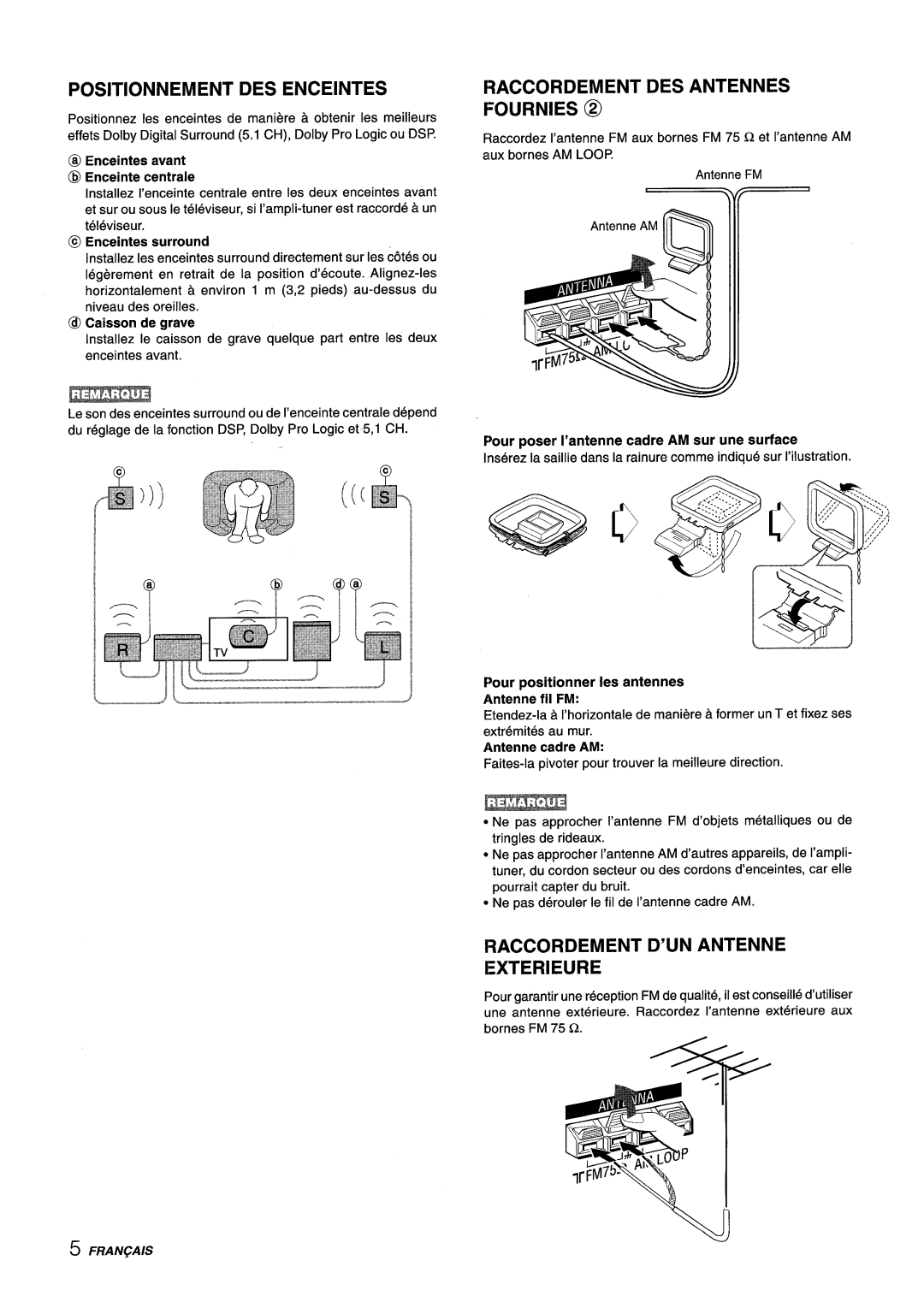 Aiwa AV-D25 manual Positionnement DES Enceintes, Raccordement DES Antennes Fournies @, Raccordement D’UN Antenne Exterieure 