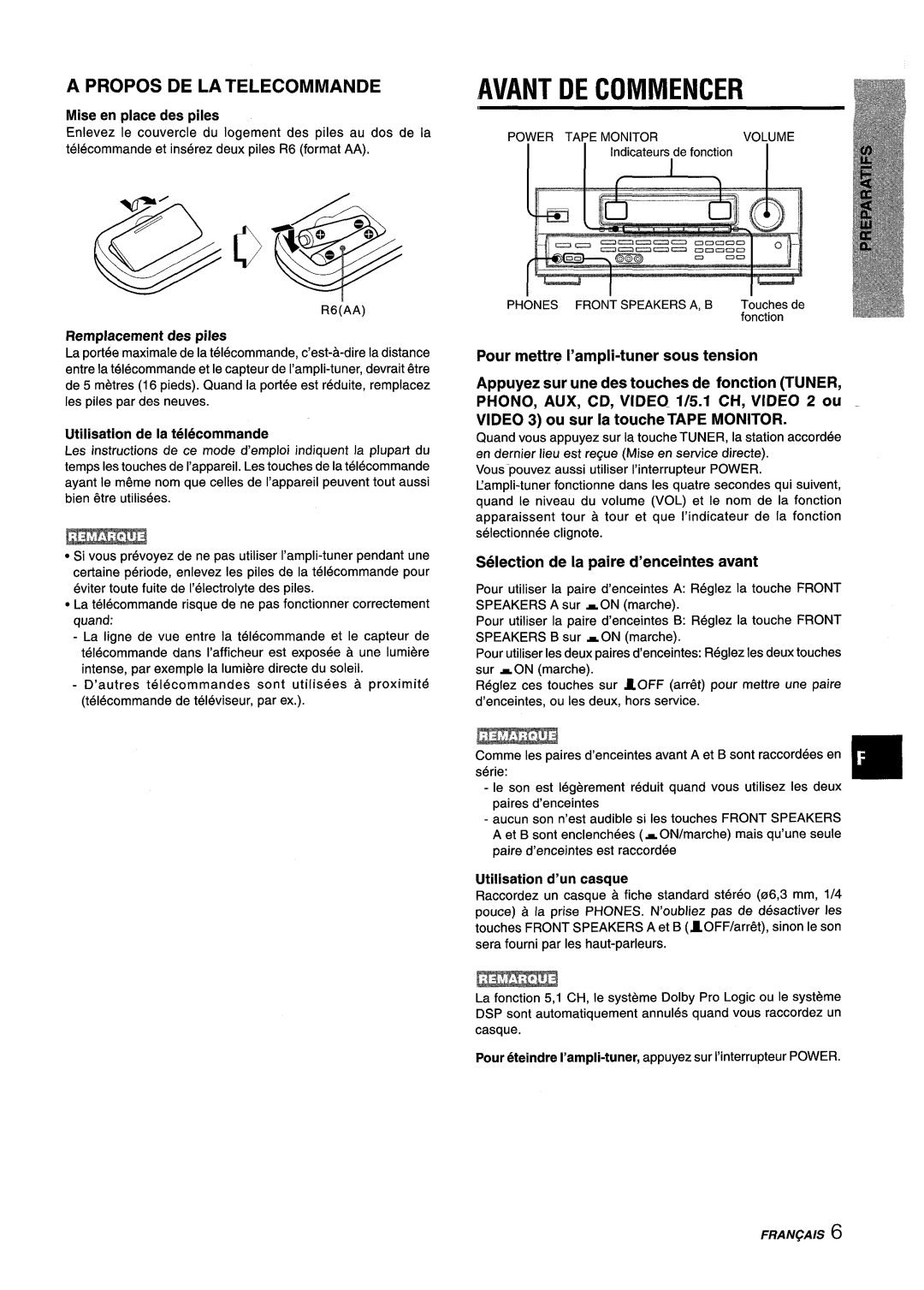 Aiwa AV-D25 manual Avant, Apropos DE LA Telecommande, Selection de la paire d’enceintes avant 