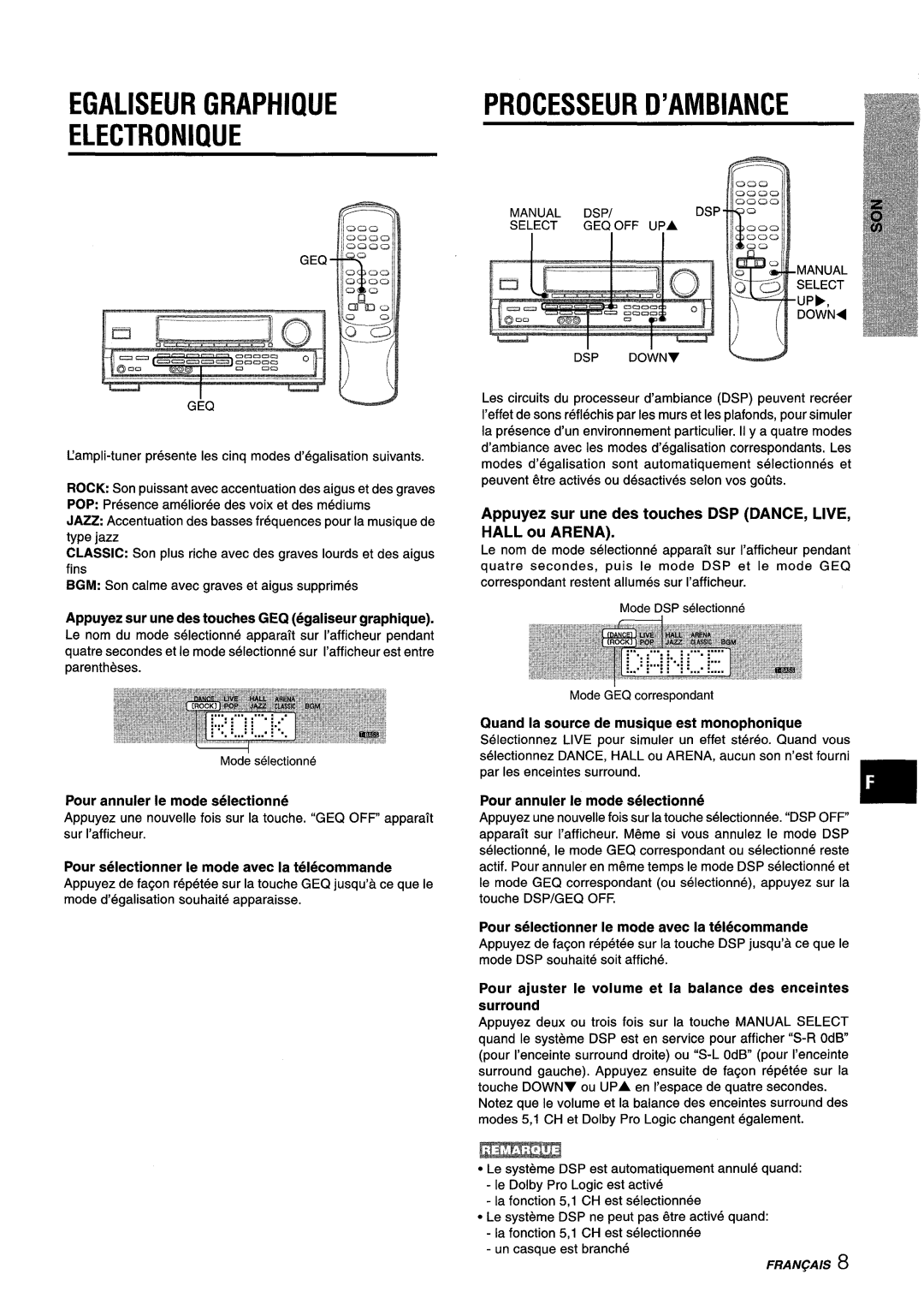 Aiwa AV-D25 manual Egaliseur Graphique Electronique, Processeur D’AMBIANCE, Appuyez sur une des touches DSP DANCE, Live 