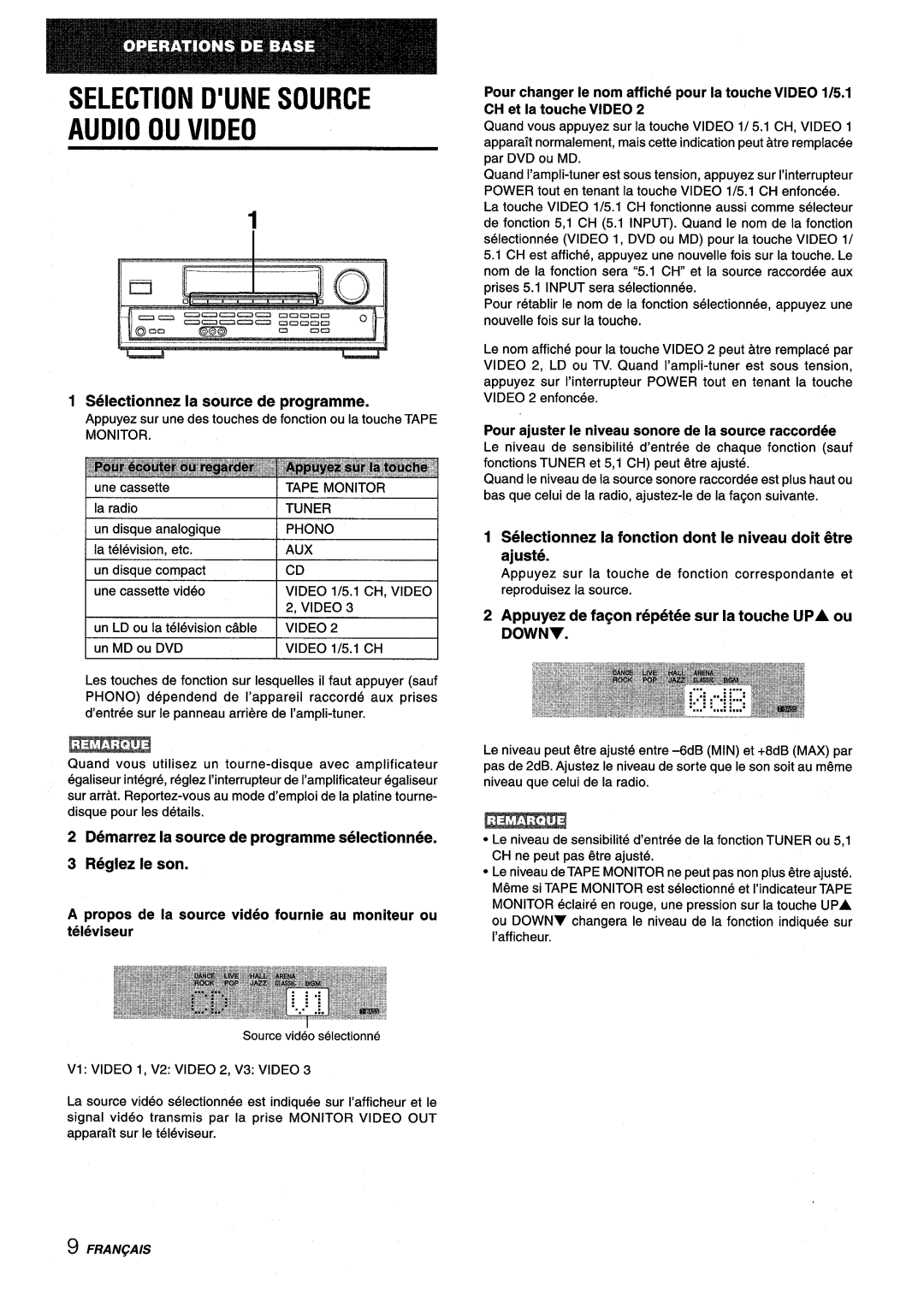 Aiwa AV-D25 manual Selectionnez la source de programme, Selectionnez la fonction dent Ie niveau doit @tre ajuste 