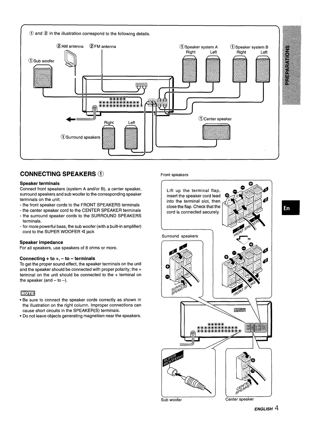 Aiwa AV-D25 manual Connecting Speakers @, Speaker terminals, Speaker impedance, Connecting + to +, to terminals 