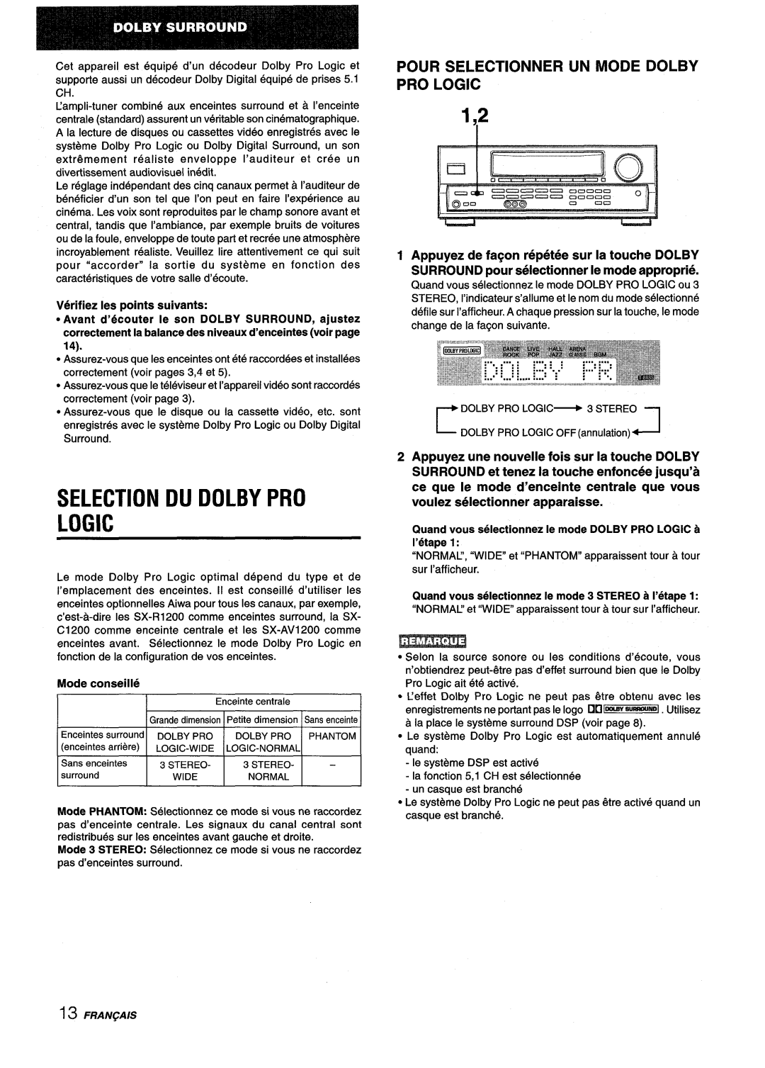 Aiwa AV-D25 manual Selection DU Dolby PRO Logic, Pour Selectionner UN Mode Dolby PRO Logic, Mode conseille 