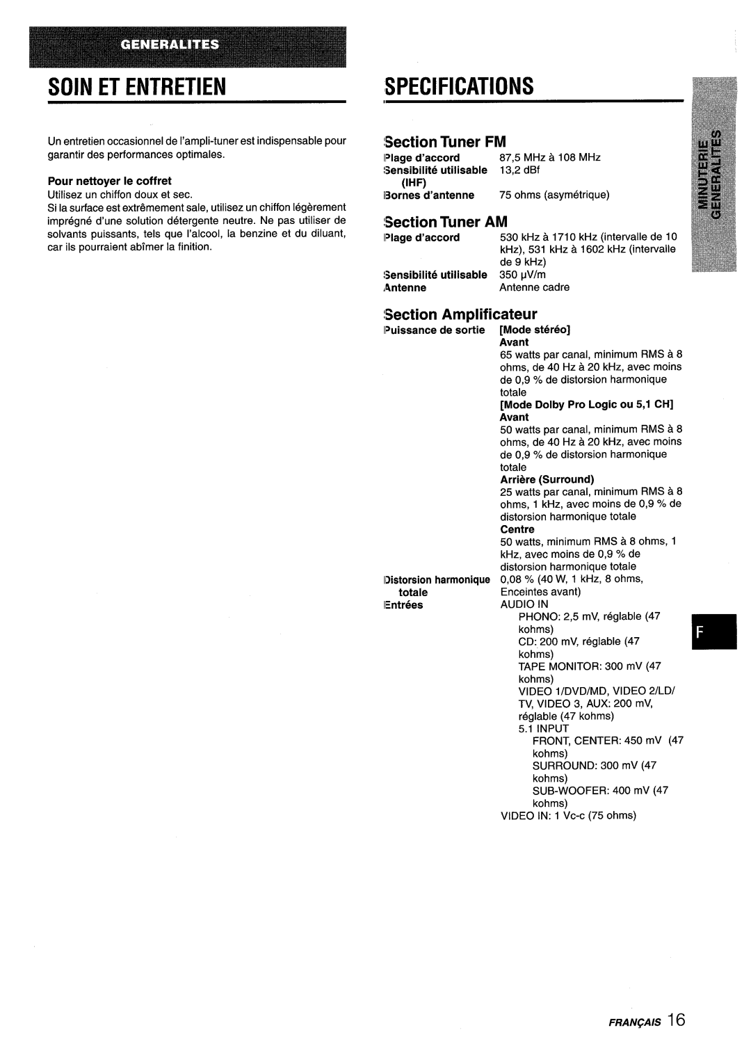 Aiwa AV-D25 manual Soin ET Entretien, Section Tuner FM, Section Tuner AM, Section Amplificateur 