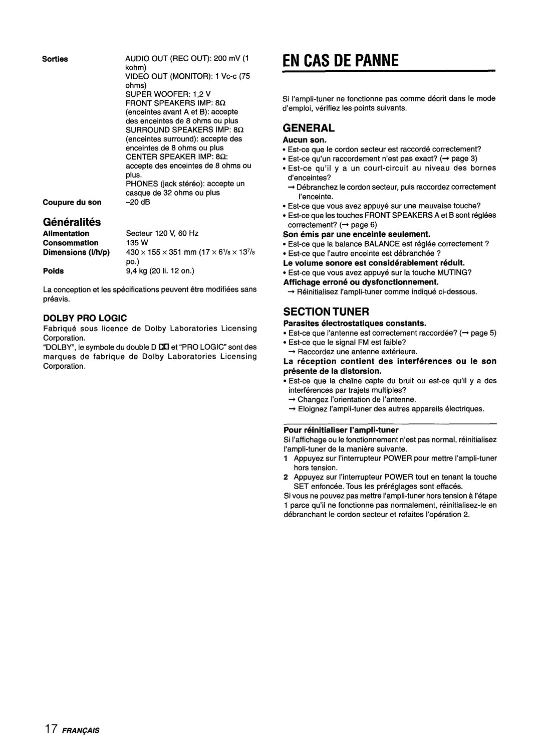 Aiwa AV-D25 manual EN CAS DE Panne, Generalities, Section Tuner, Pour reinitialiser I’ampli-tuner 