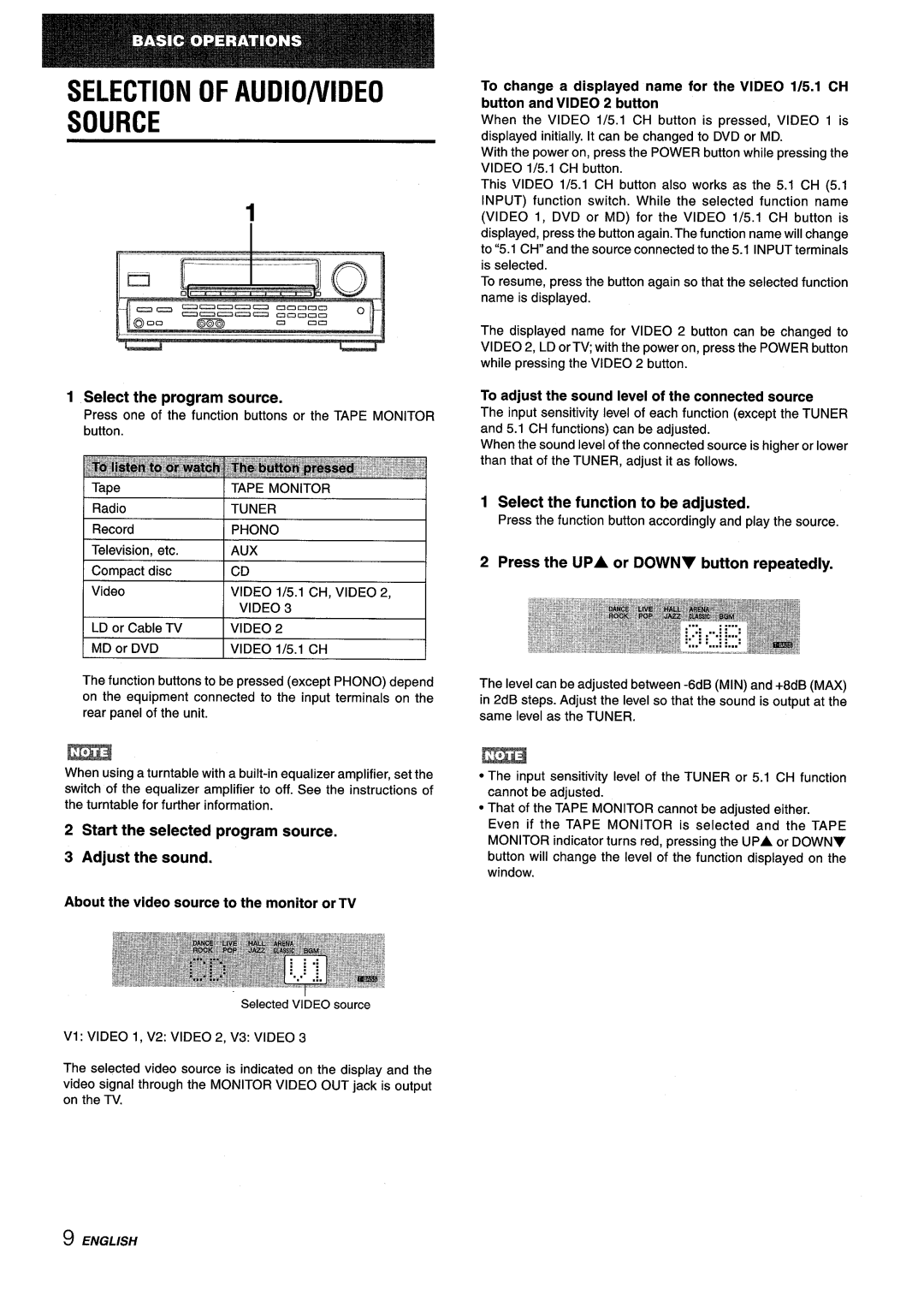 Aiwa AV-D25 manual Selection Of Audio/Video Source, Select the program source, Select the function to be adjusted 