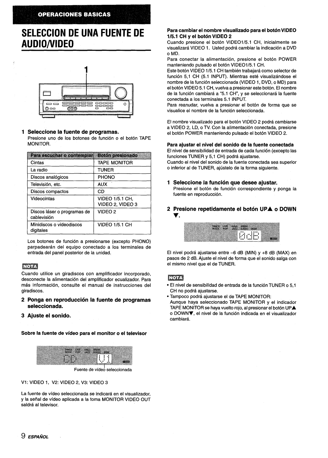 Aiwa AV-D25 manual Seleccion De Una Fuente De Audio/Vide, Seleccione la fuente de programas, Ajuste el sonido 