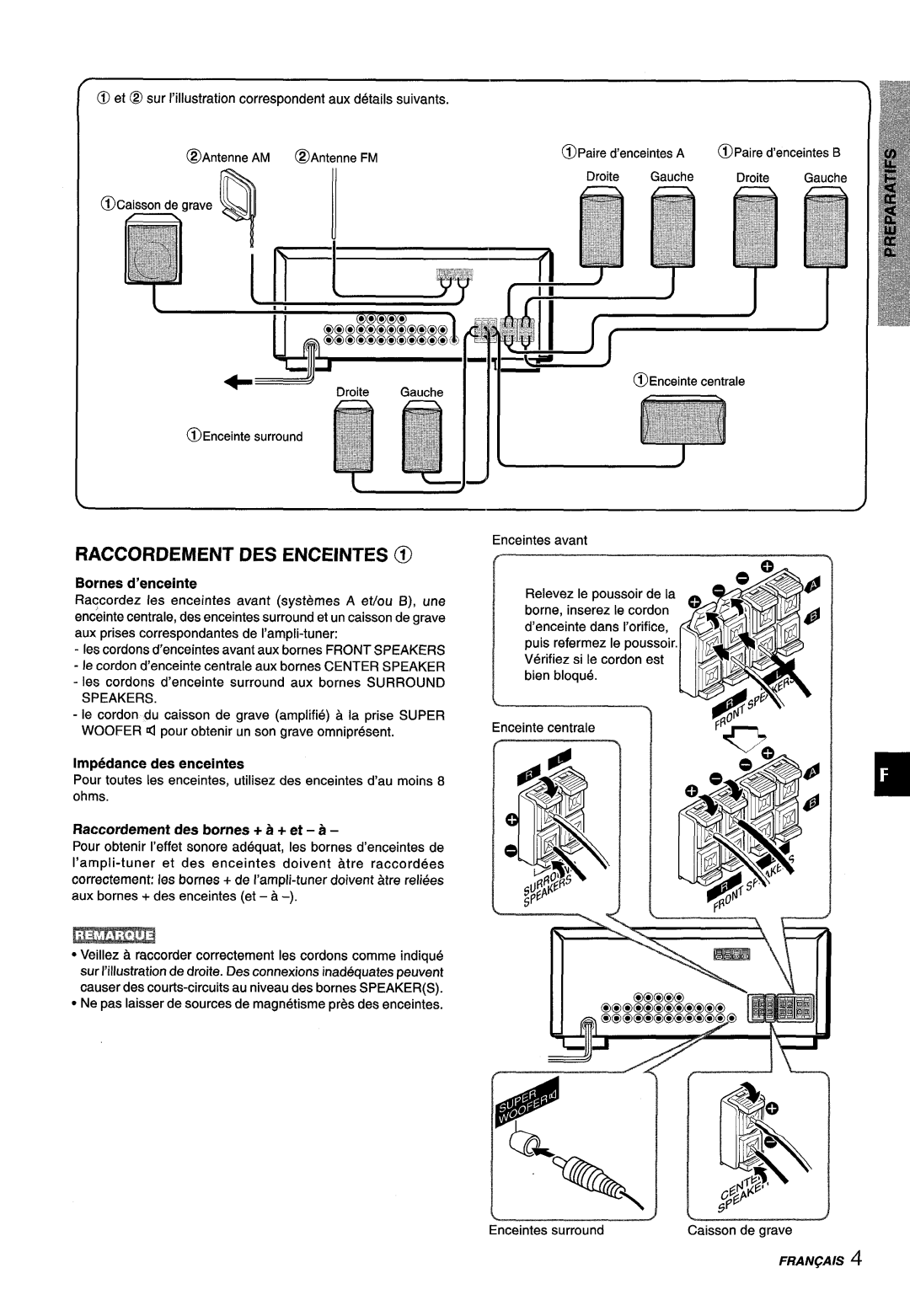 Aiwa AV-D25 manual nezu~rw, Raccordement Des Enceintes @, P “-’, Bornes d’enceinte, Impedance des enceintes 