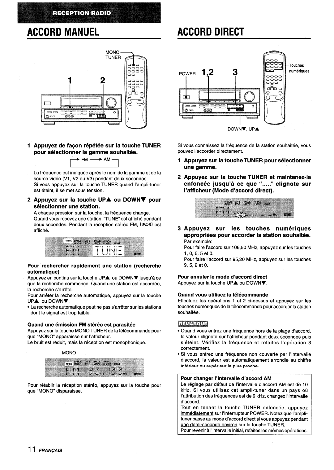 Aiwa AV-D25 manual Accord Manuel, Accord Direct, Fm ~ Am, Appuyez sur la touche UPA ou DOWNY pour selectionner une station 