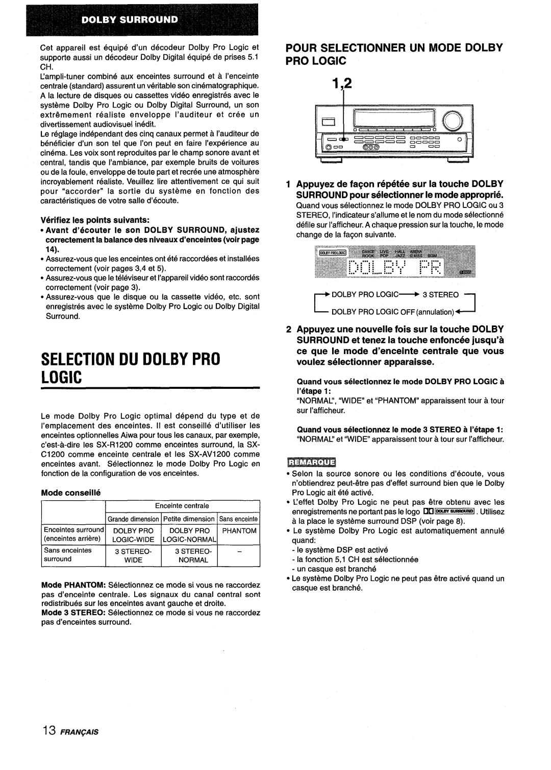 Aiwa AV-D25 manual Selection Du Dolby Pro Logic, Pour Selectionner Un Mode Dolby Pro Logic 