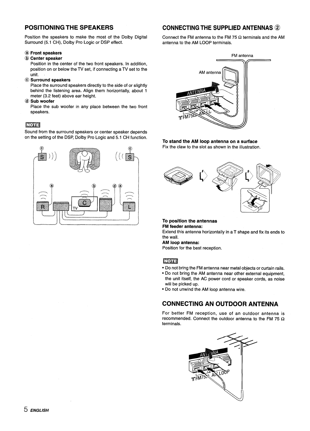 Aiwa AV-D25 Positioning The Speakers, Connecting The Supplied Antennas @, Connecting An Outdoor Antenna, AM loop antenna 