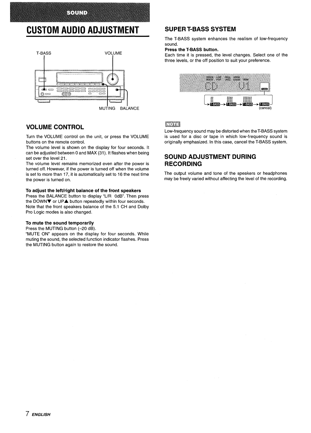 Aiwa AV-D25 manual Custom Audio Adjustment, Super T-Bass System, Volume Control, Sound Adjustment During Recording 