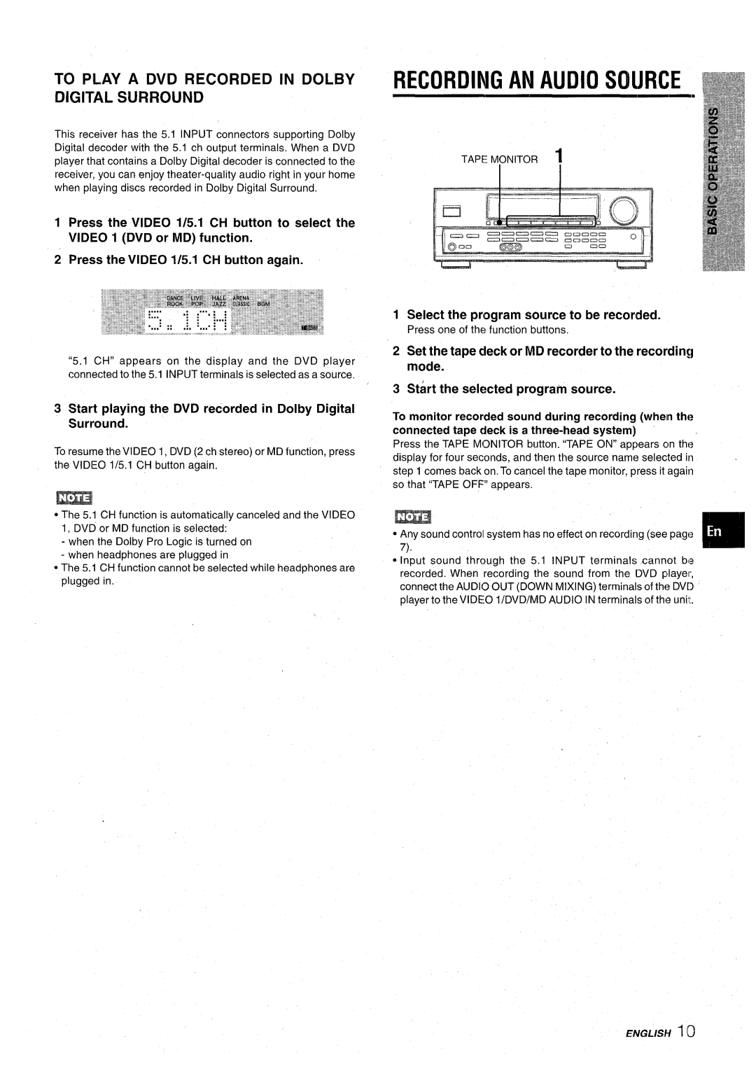 Aiwa AV-D30 manual Recording AN Audio Source, TI Play a DVD Recorded in Dolby Digital Surround 