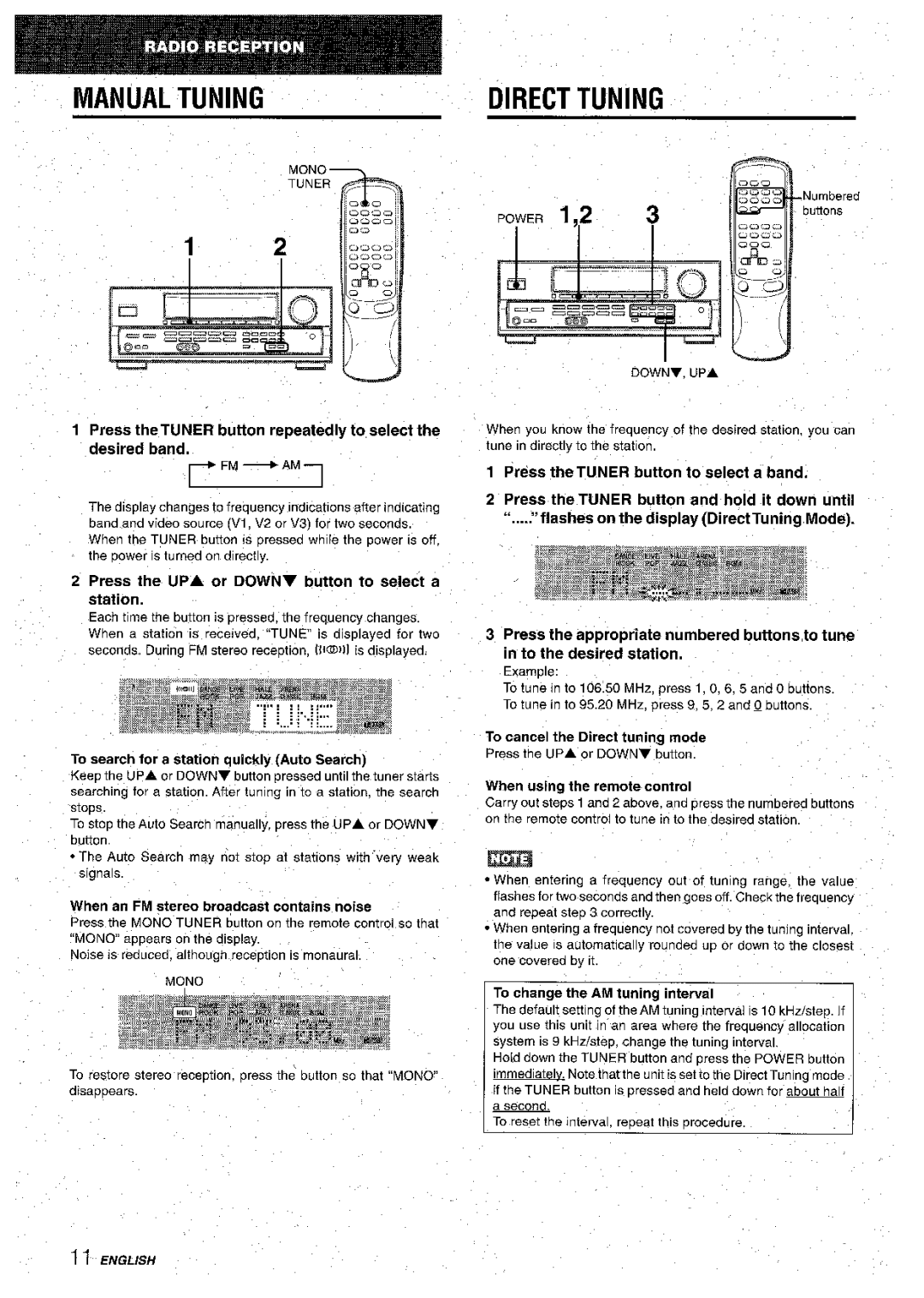 Aiwa AV-D30 manual Manual Tuning, Direct Tuning, Press the UPA or Downy button to select a station 