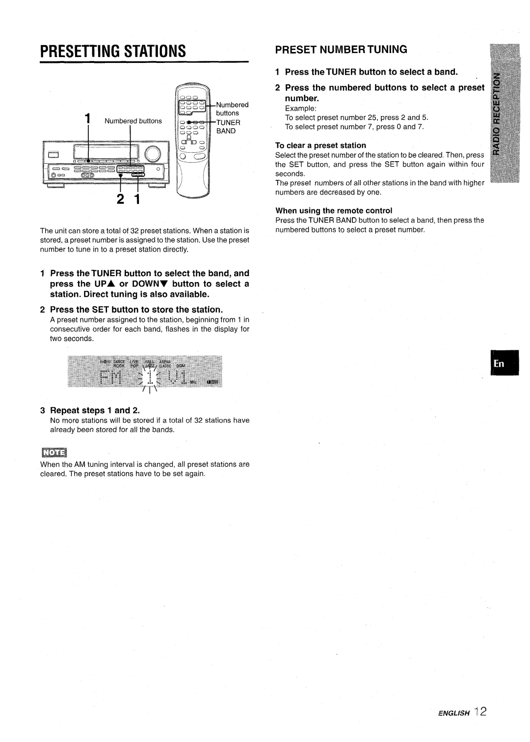 Aiwa AV-D30 manual Presetting Stations, Preset Number Tuning, Repeat steps 1, To clear a preset station, Tuner Band 