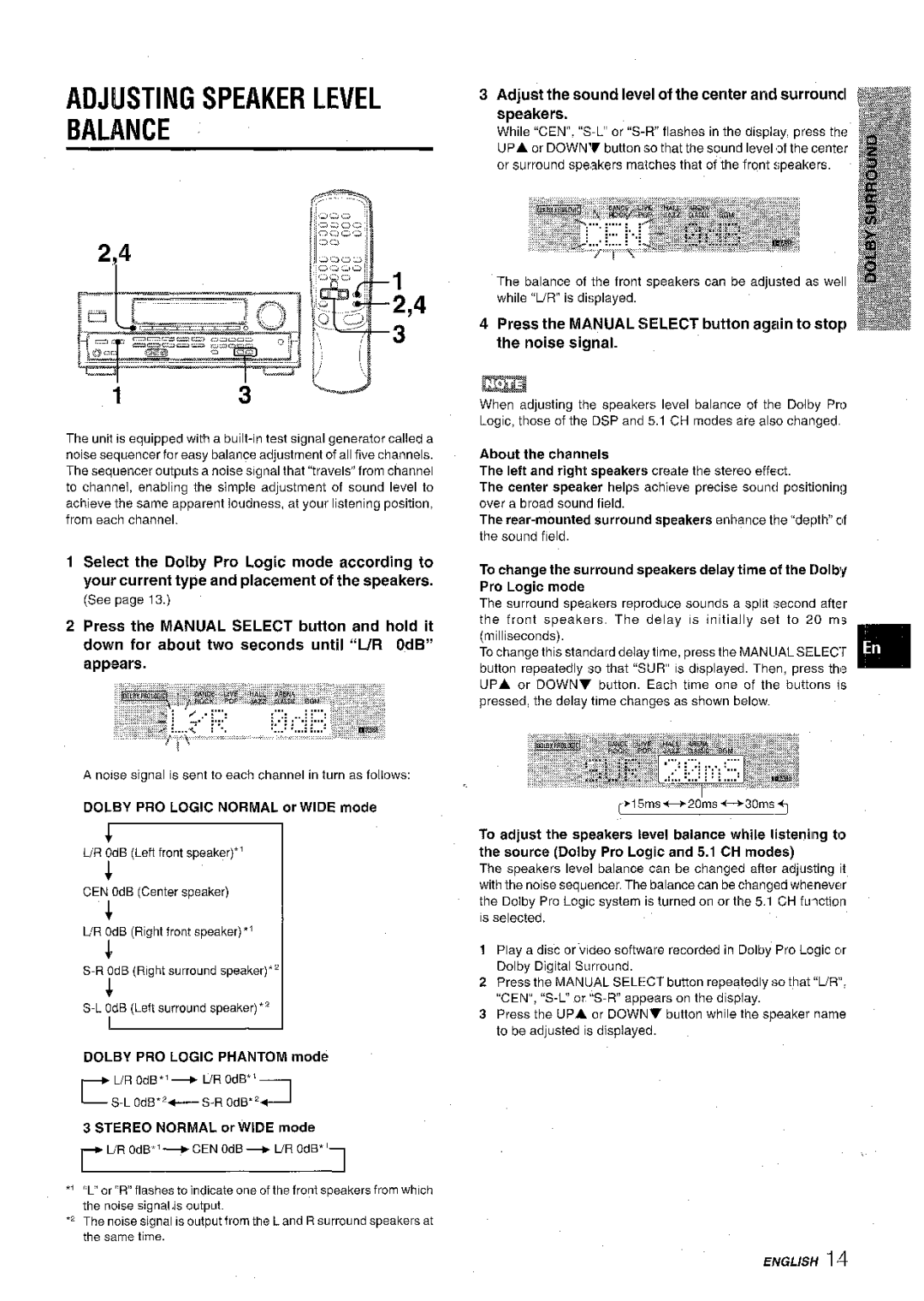 Aiwa AV-D30 manual Adjusting Speaker Level Balance, Adjust the sound level of the center and surrcwncl speakers 