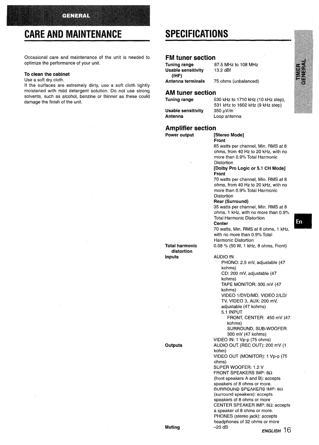 Aiwa AV-D30 manual Care and Maintenance, FM tuner section, AM tuner section, Amplifier Section 