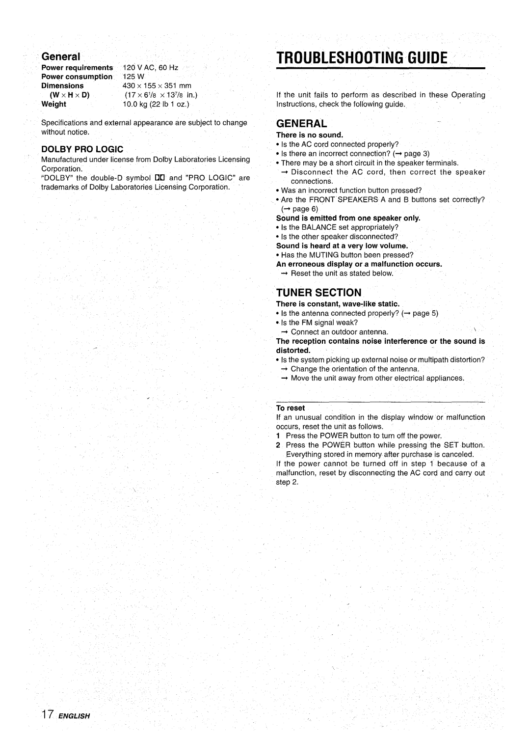 Aiwa AV-D30 manual Troubleshooting Guide, General, Tuner Section, There is constant, wave-like static 