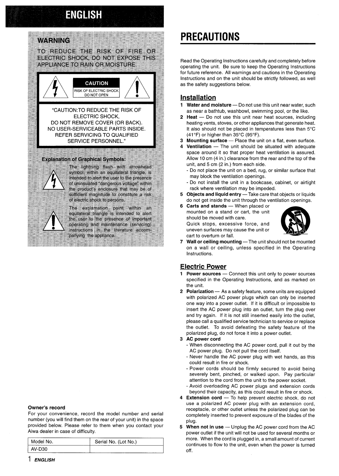 Aiwa AV-D30 manual Precautions, Installation, Electric Power, AC power cord 