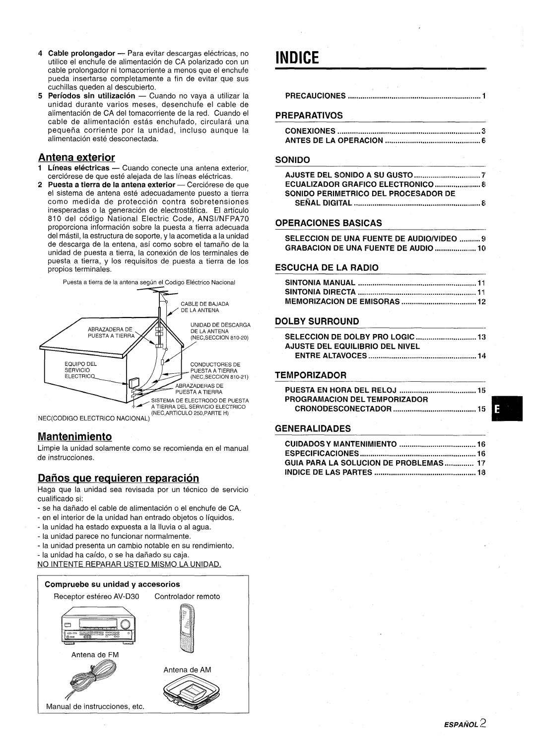 Aiwa AV-D30 manual Indice, Antena exterior, Mantenimiento, Dafios que reauieren reparation 