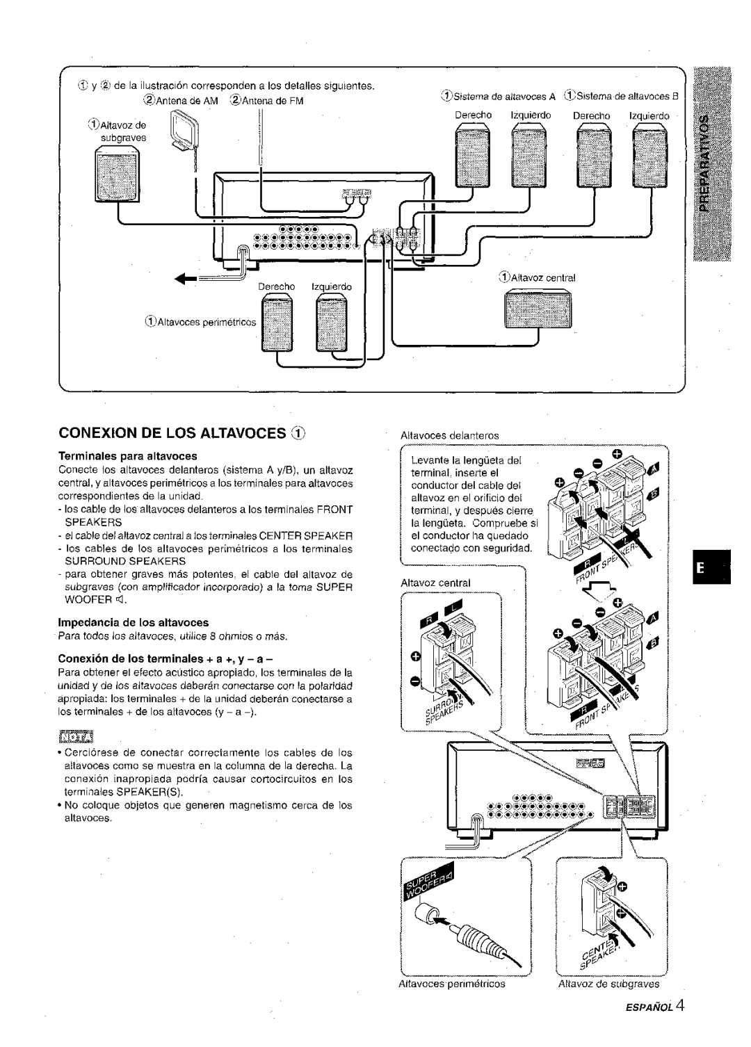 Aiwa AV-D30 manual Conexion DE LOS Altavoces @, Conexion de Ios terminates + a +, y a, Surround Speakers 