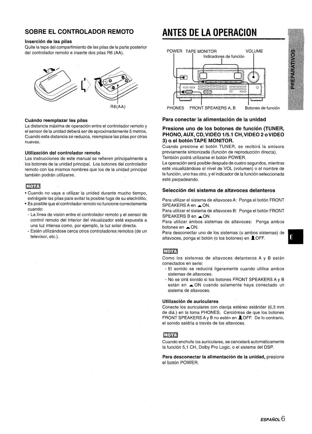 Aiwa AV-D30 manual Antes DE LA Operacion, Sobre EL Controlador Remoto, Seleccion del sistema de altavoces delanterc~s 