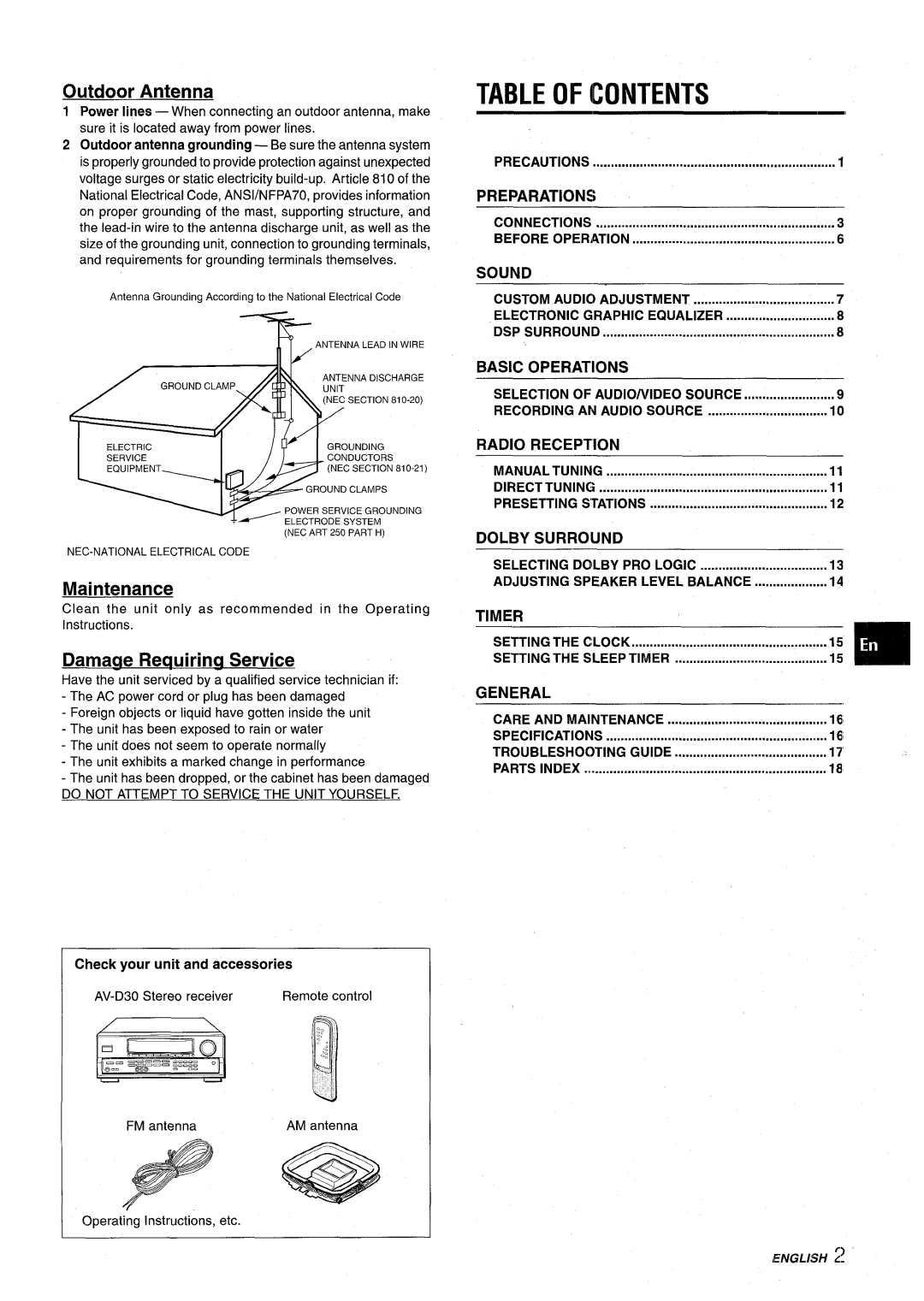 Aiwa AV-D30 manual Table of Contents 