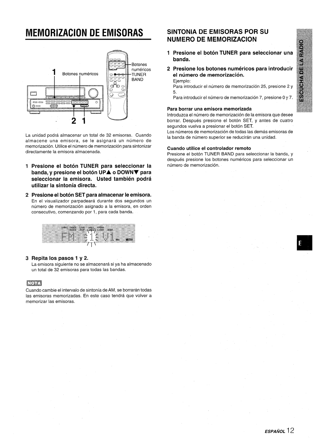 Aiwa AV-D30 manual Memorization DE Emisoras, Sintonia DE Emisoras POR W Numero DE Memorization, Repita Ios pasos 1 y 