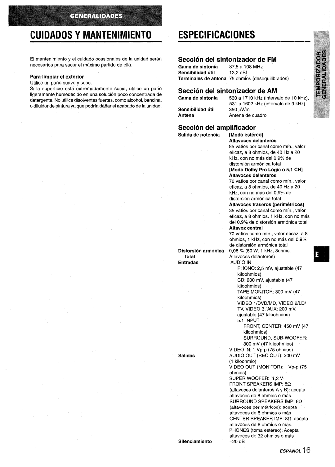 Aiwa AV-D30 Cuidados Y Mantenimiento Especificaciones, Seccion de! sintonizador de FM, Seccion del sintonizador de AM 