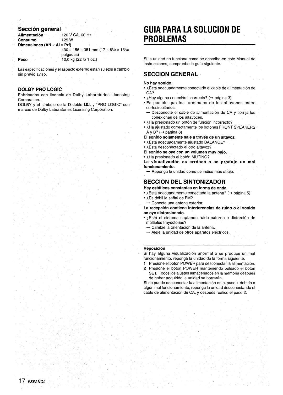 Aiwa AV-D30 manual Guia Para LA Solucion DE Problemas, Seccion general, Seccion General, Seccion DEL Sintonizador 