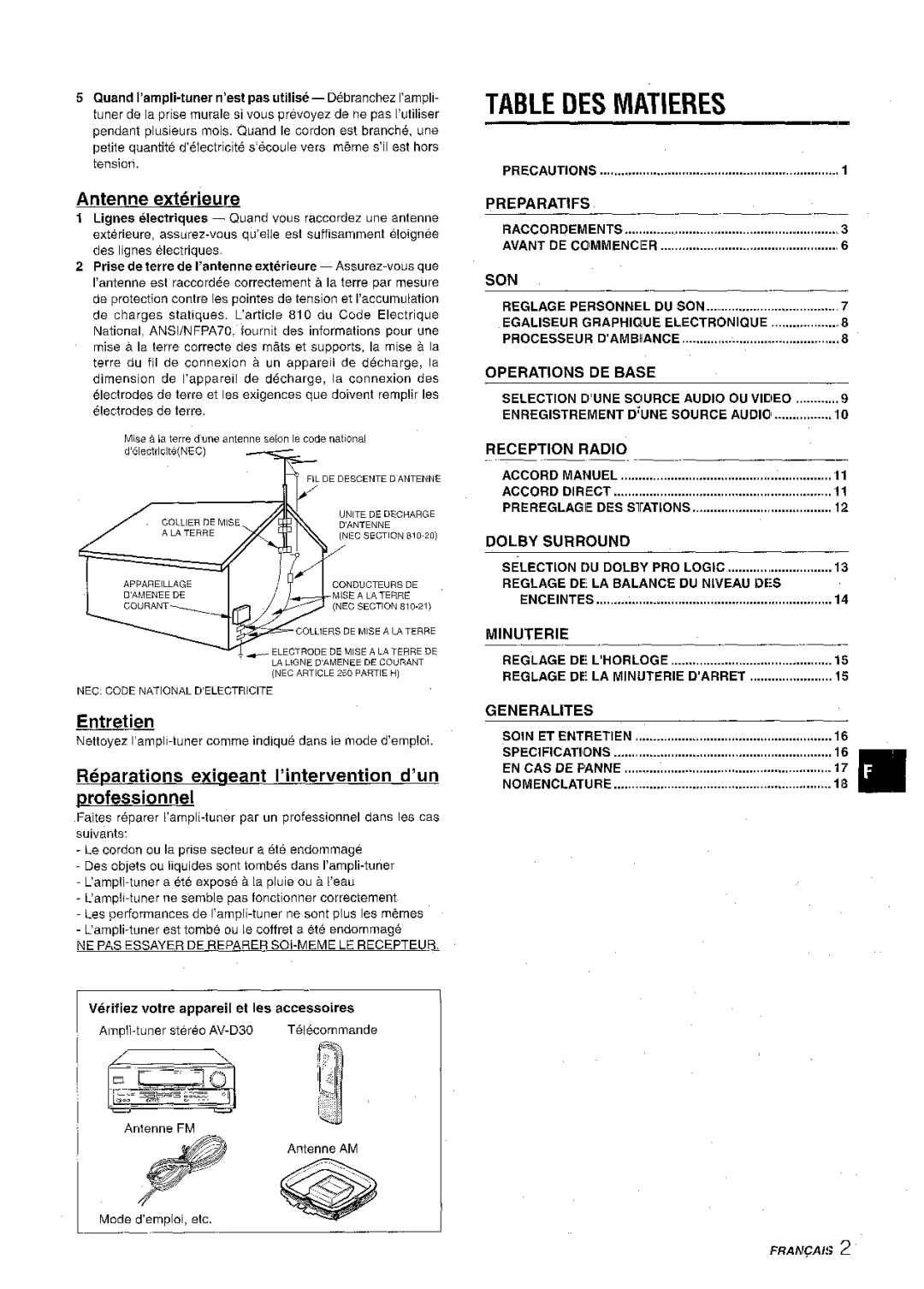 Aiwa AV-D30 Table DES Matieres, Antenne exterieure, Entretien, Reparations exiqeant I’intervention d’un professionnel 