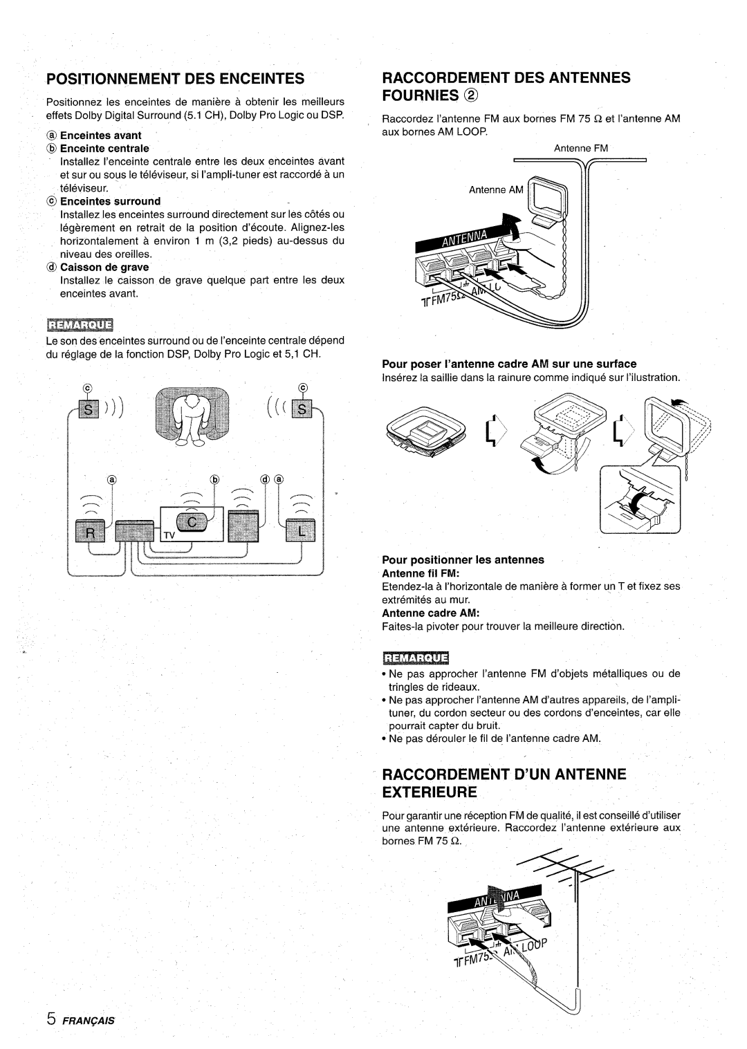 Aiwa AV-D30 manual Positionnement DES Enceintes, Raccordement DES Antennes Fournies @, Raccordement D’UN Antenne Exterieure 