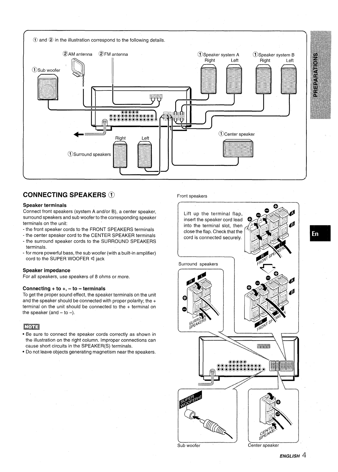 Aiwa AV-D30 manual Connecting Speakers @, Speaker terminals, Speaker impedance, Connecting + to +, -to terminals 