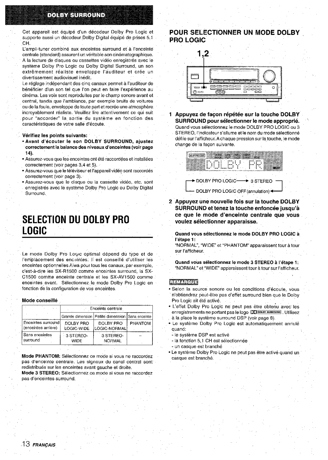 Aiwa AV-D30 manual Selection DU Dolby PRO Logic, Pour Selectionner UN Mode Dolby PRO Logic, Mode conseille 