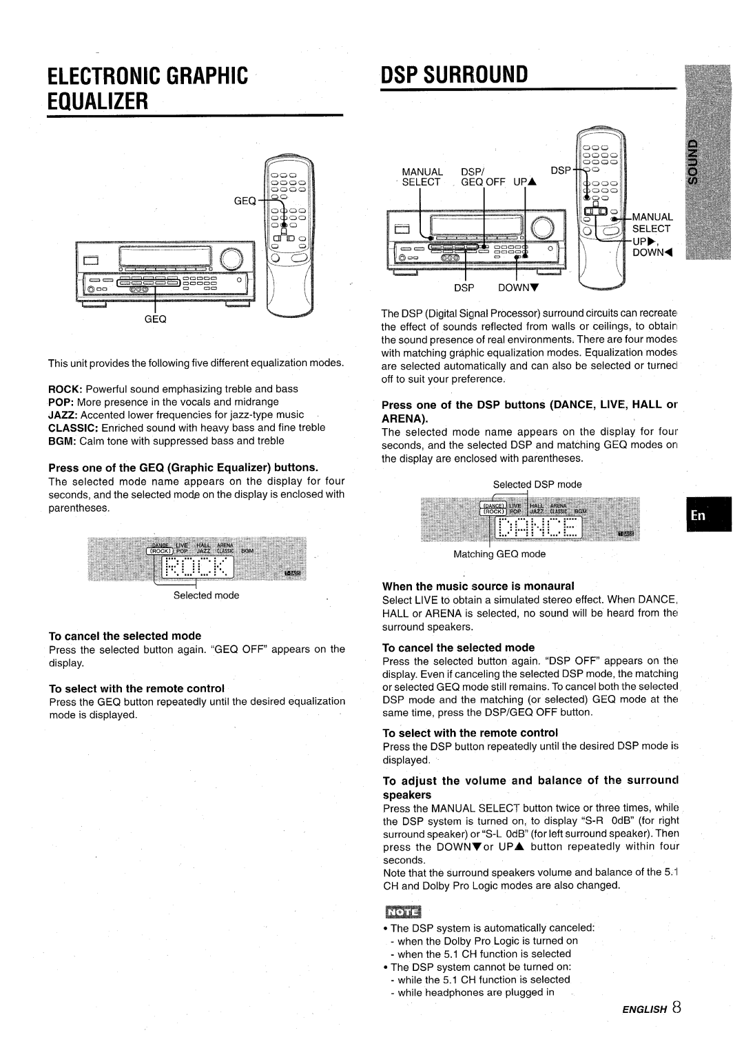 Aiwa AV-D30 manual Electronic Graphic Equalizer, DSP Surround 