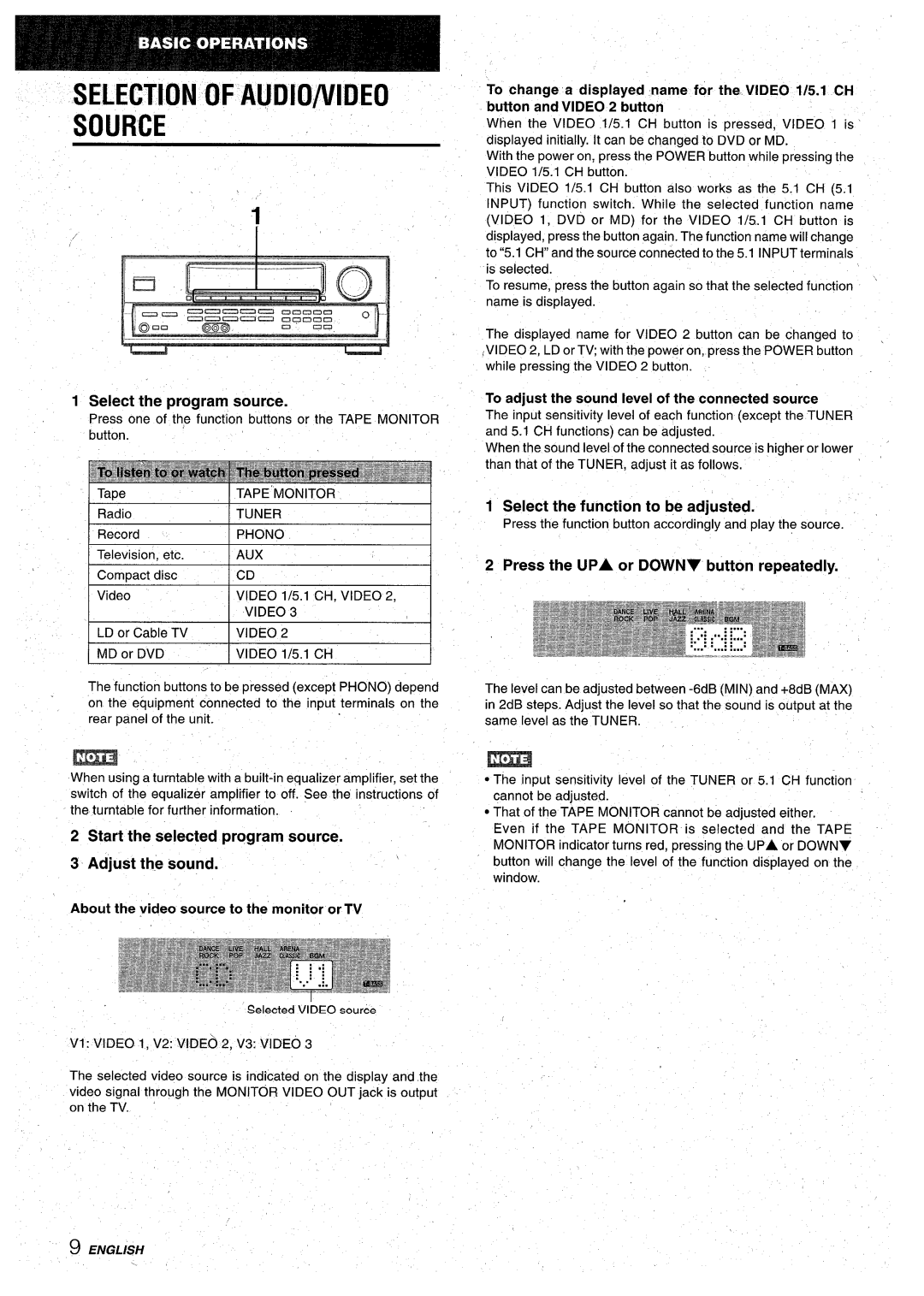 Aiwa AV-D30 manual Selection Of Audio/Video Source, Select the program source, Select the function to be adjusted, English 