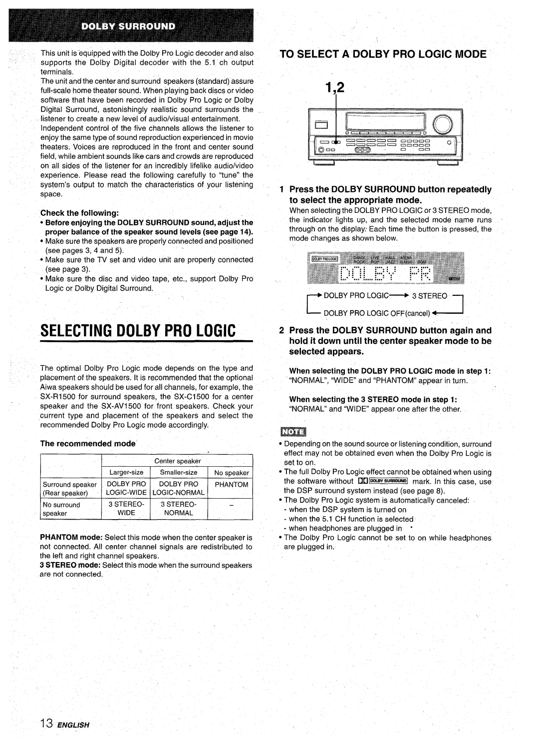 Aiwa AV-D30 manual Selecting Dolby Pro Logic, 1,2 ~, To Select A Dolby Pro Logic Mode 